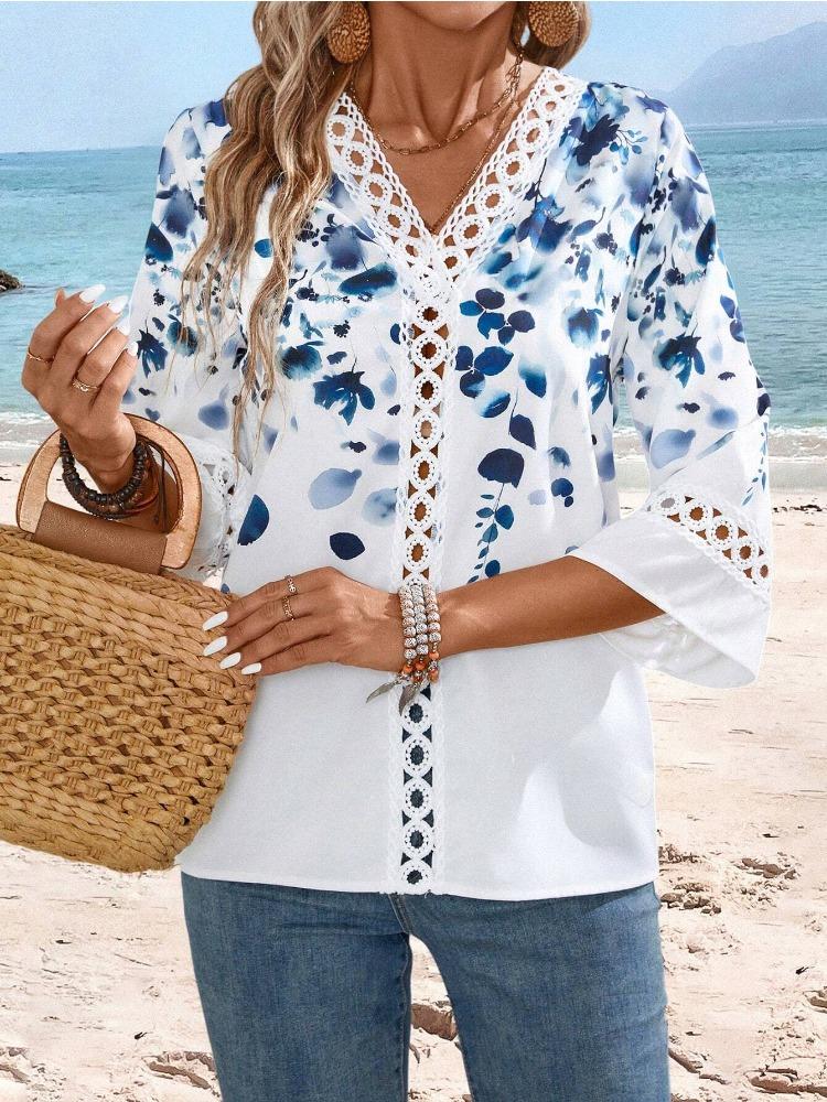Модные женские повседневные топы, осенние кружевные манжеты с V-образным вырезом, кружевная футболка с длинным рукавом, удобная и универсальная футболка для женщин
