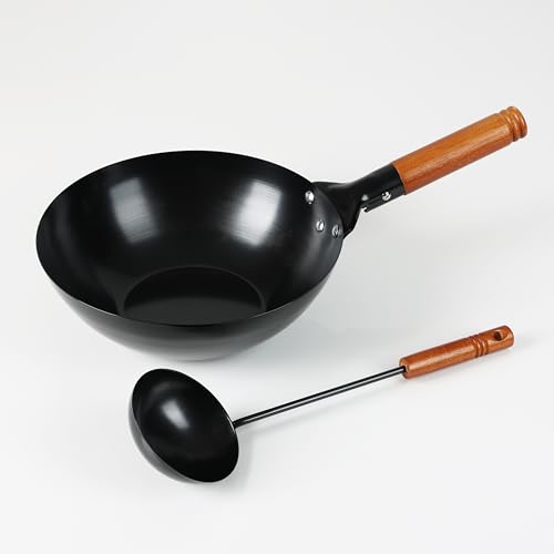 Pearl Metal HC-286 26cm Deep Iron Frying Pan, Induction Compatible, with Ladle, Perfect for Fried Rice and Vegetable Stir-frying, Ideal for Chinese Ho