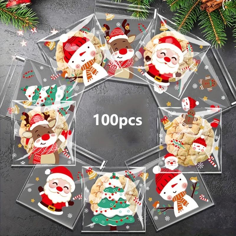 100pcs Christmas Treat Bags - Self-sealing Disposable Opp Candy & Cookie Pouches with Festive Cartoon Designs for Holiday Gift