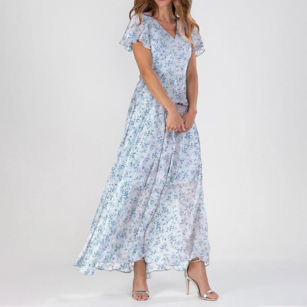Женские летние платья Повседневные платья макси с короткими рукавами Милые макси-платья с цветочным принтом Платья для гостей свадьбы Шифоновые струящиеся платья