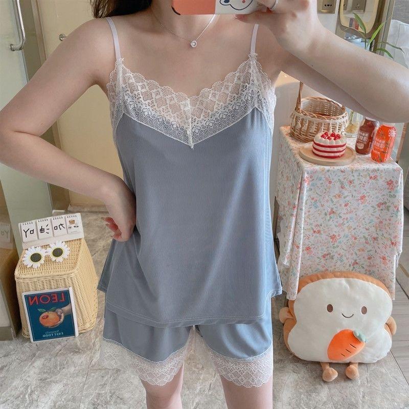 Сексуальная пижама женская летняя кружевная слинг-костюм Ice Silk с открытой спиной для женщин без рукавов для домашнего обслуживания