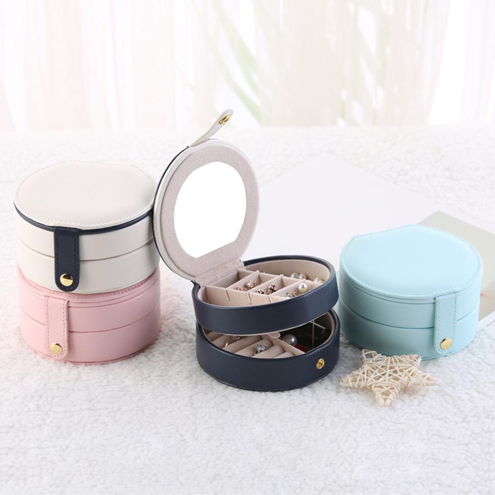 Jewelry Storage Box Organizer Round Portable PU Leather Rings Earrings Necklaces Jewel Small Cosmetic Plate Travel Carrying Packaging Cases