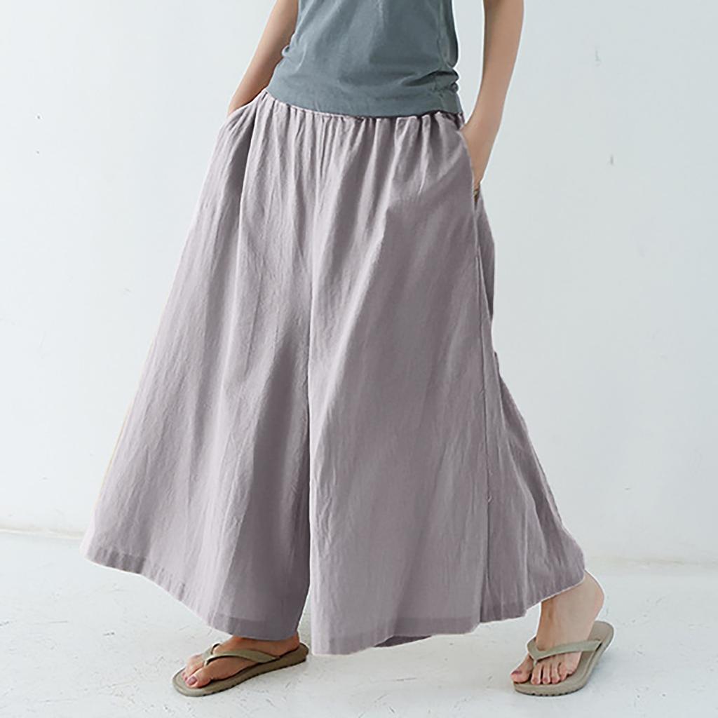 Women's Fashion Spring And Summer All-match Comfortable Solid Color Elastic Waist Cotton Linen Trousers
