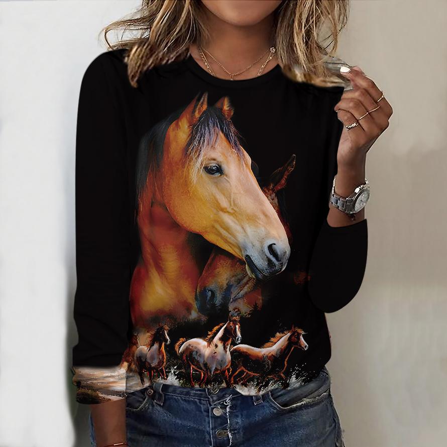 Tops For Women Zebra&Oil Painting Horse Print Round Neck Long Sleeve T-shirt Fall Casual Slim Pullover Women's Long Sleeve Top