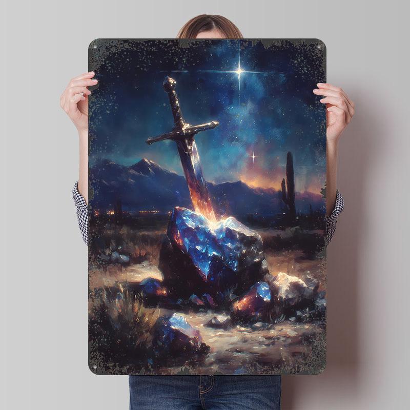 Sword in Stone Fantasy Landscape Printed Poster Customized Wall Art Retro Vintage Metal Tin Signs for Living Room Decoration