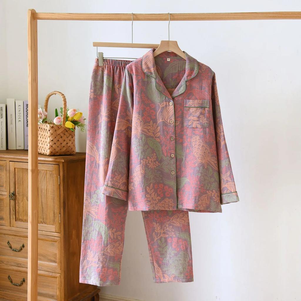 Цветная хлопковая женская домашняя одежда в стиле ретро с длинным рукавом, длинные брюки, 2 шт., пижама, тонкая пижама, женский комплект одежды