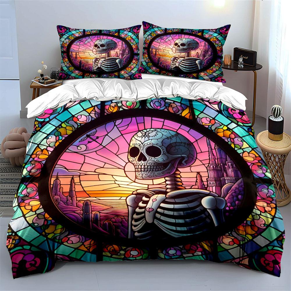 "Stained Glass Skeleton Art Decor" Bedding Set with 1 Duvet Cover 2 Pillowcases Single Double King Queen, Gift