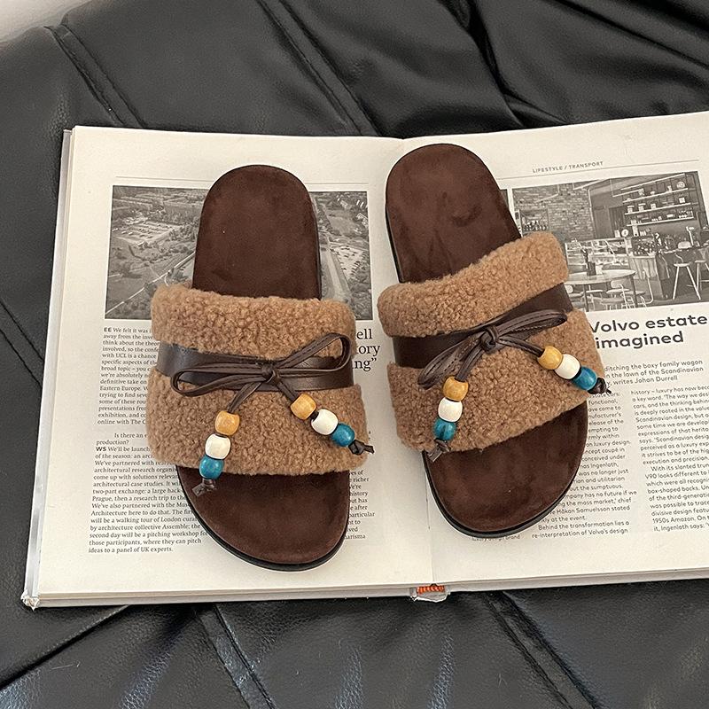 Retro Style Bow Casual One-word Slippers Women's Autumn and Winter Wear Comfortable and Warm Fluffy Shoes Platform Cotton Slippers