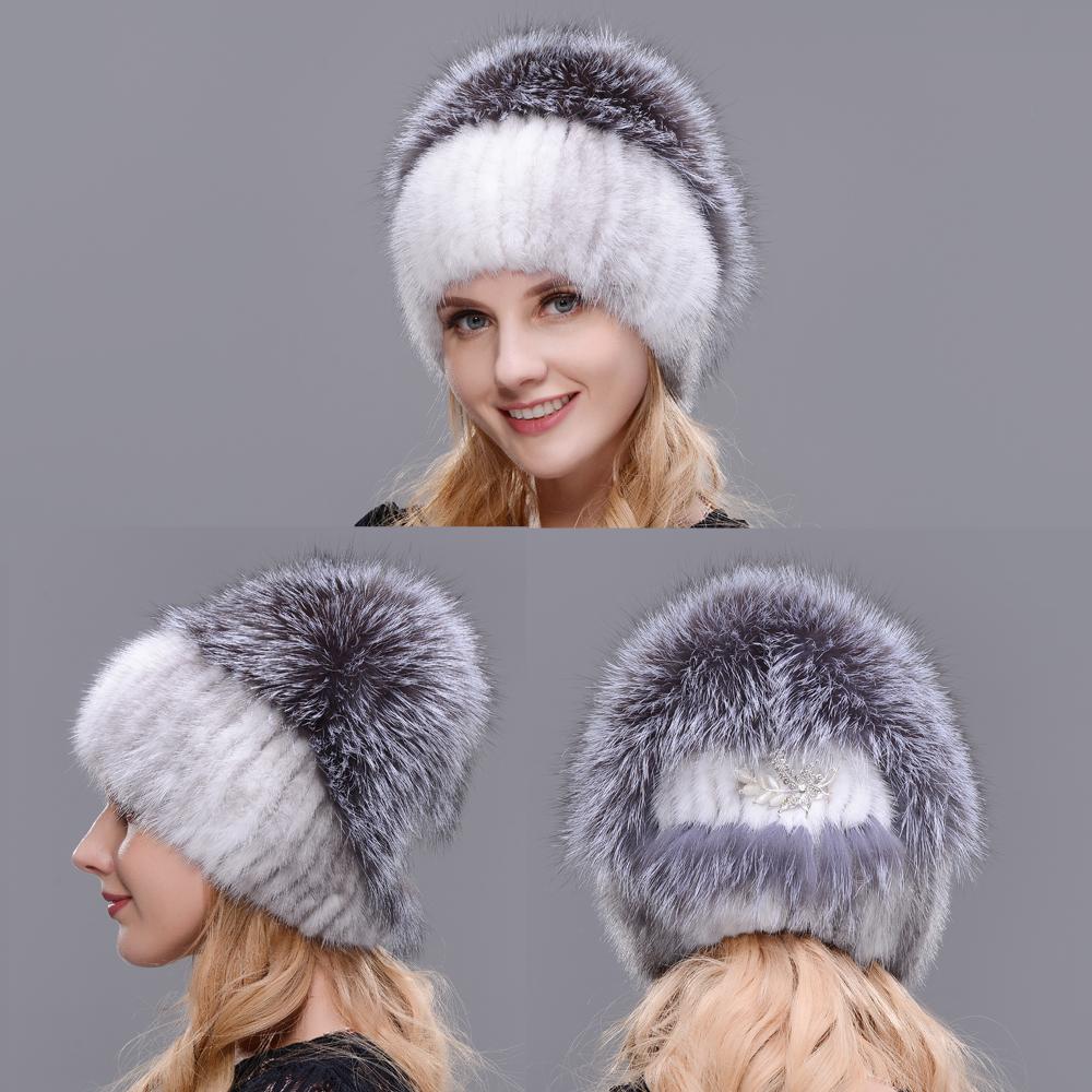 JERYAFUR Женская модная зимняя шапка из натурального меха норки и чернобурки
