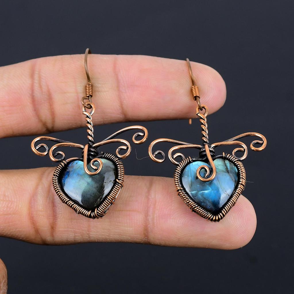 Labradorite 999 Copper Wire Wrapped Earrings, Handmade Gemstone Earrings Jewelry, Gifts For Wife Brand New Earrings