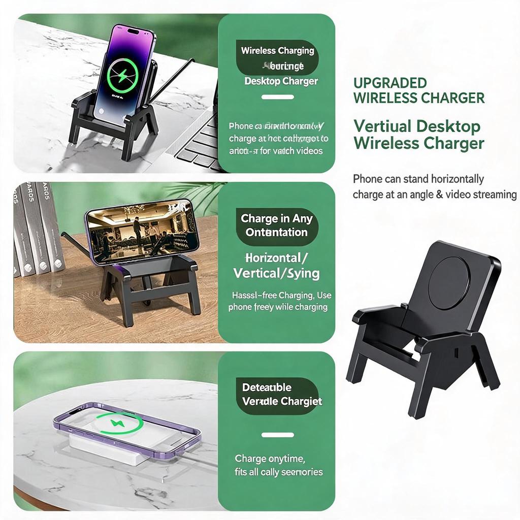 15W Wireless Charger Detachable 3-in-1 Magnetic Stand with Speaker, Multi-Functional Vertical Phone Charging Holder for Desk
