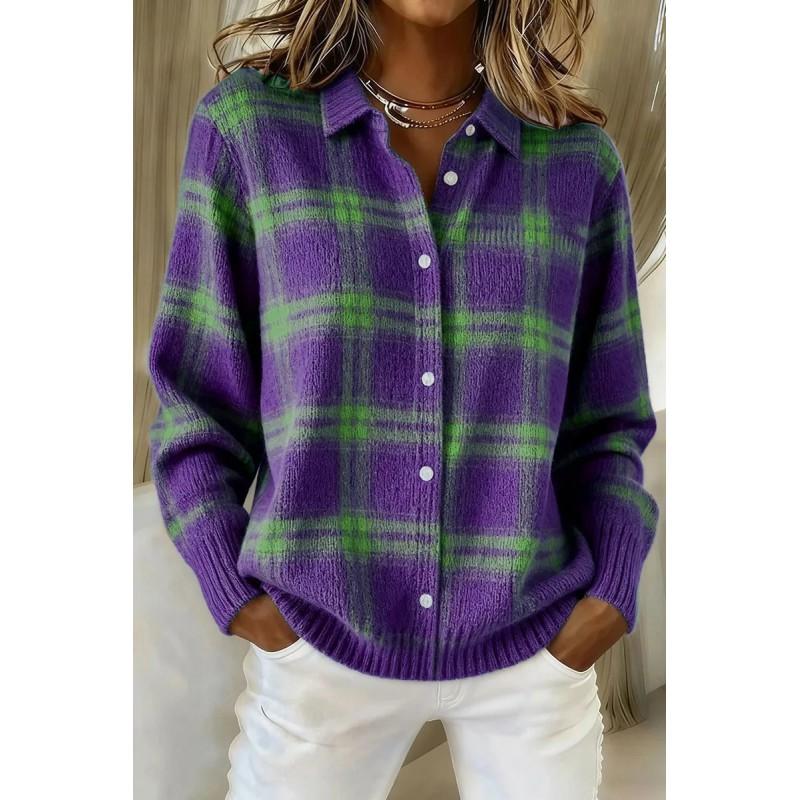 Womens Oversized Plaid Knit Cardigan With Collar Long Sleeve Fall Winter 2026 Casual Sweater