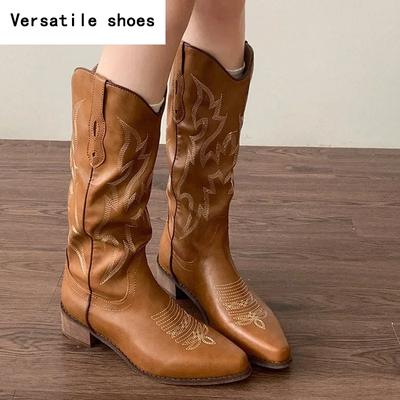 Винтажная вышивка женские сапоги до колена в стиле вестерн модные туфли с острым носком осень-зима толстый каблук дамские длинные сапоги рыцаря