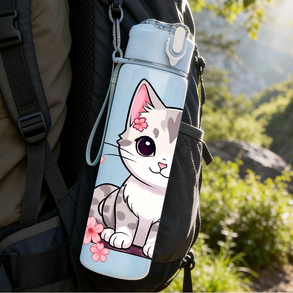 1PC Cute Kitten Cat Cherry Blossom Print 750ml Color Plastic Sports Water Bottle Leakproof Flip Straw Lid Suitable for Sports Office Home Use