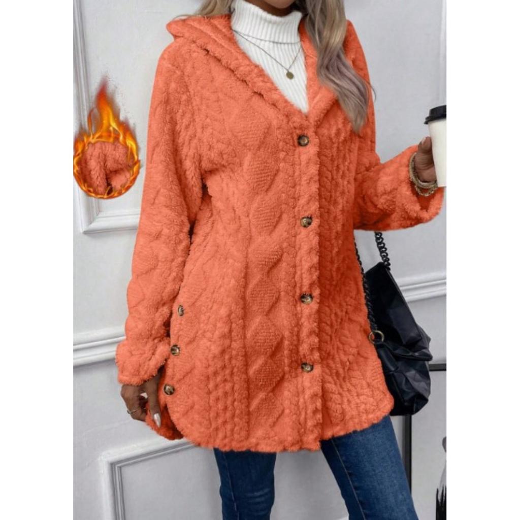 Autumn and Winter Hooded Solid Color Cardigan Button Long Sleeved Casual Fleece Jacket