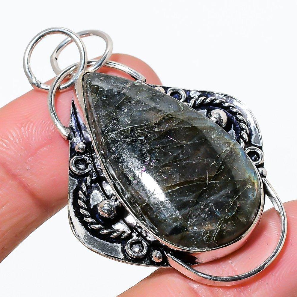 Natural Labradorite Gemstone Handmade 925 Sterling Silver Pendant 2.17" c5O49