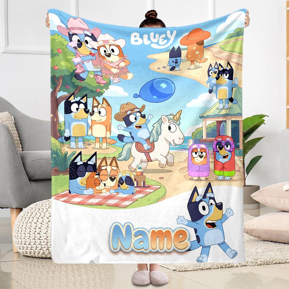 Bluey Family Adventure Personalized Name Blanket Gift Personalized Blanket Warmthful Decor Perfect for Nap Sofa Bed Couch for All Occasions