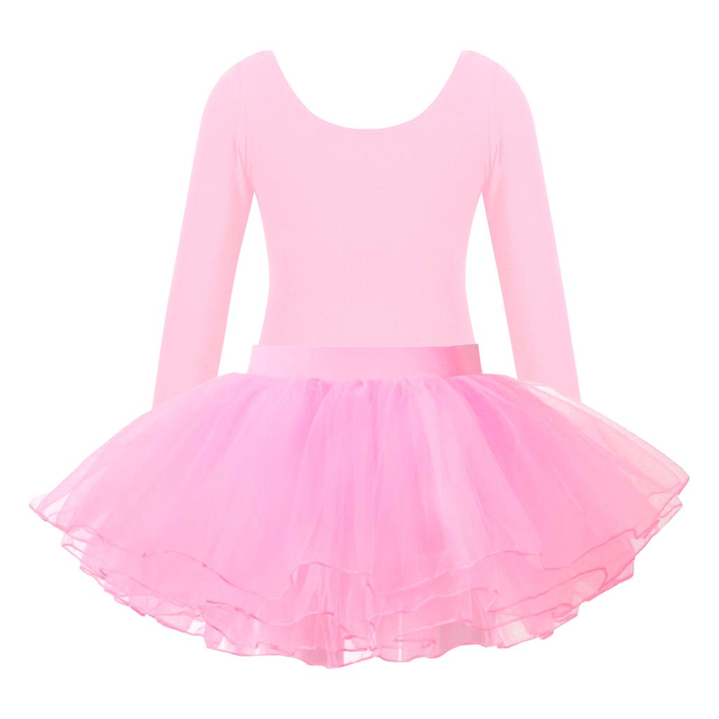 Girls Ballet Dance Wear Long Sleeve Round Neck Leotard Elastic Waist Tutu Layered Skirt Performance Outfit