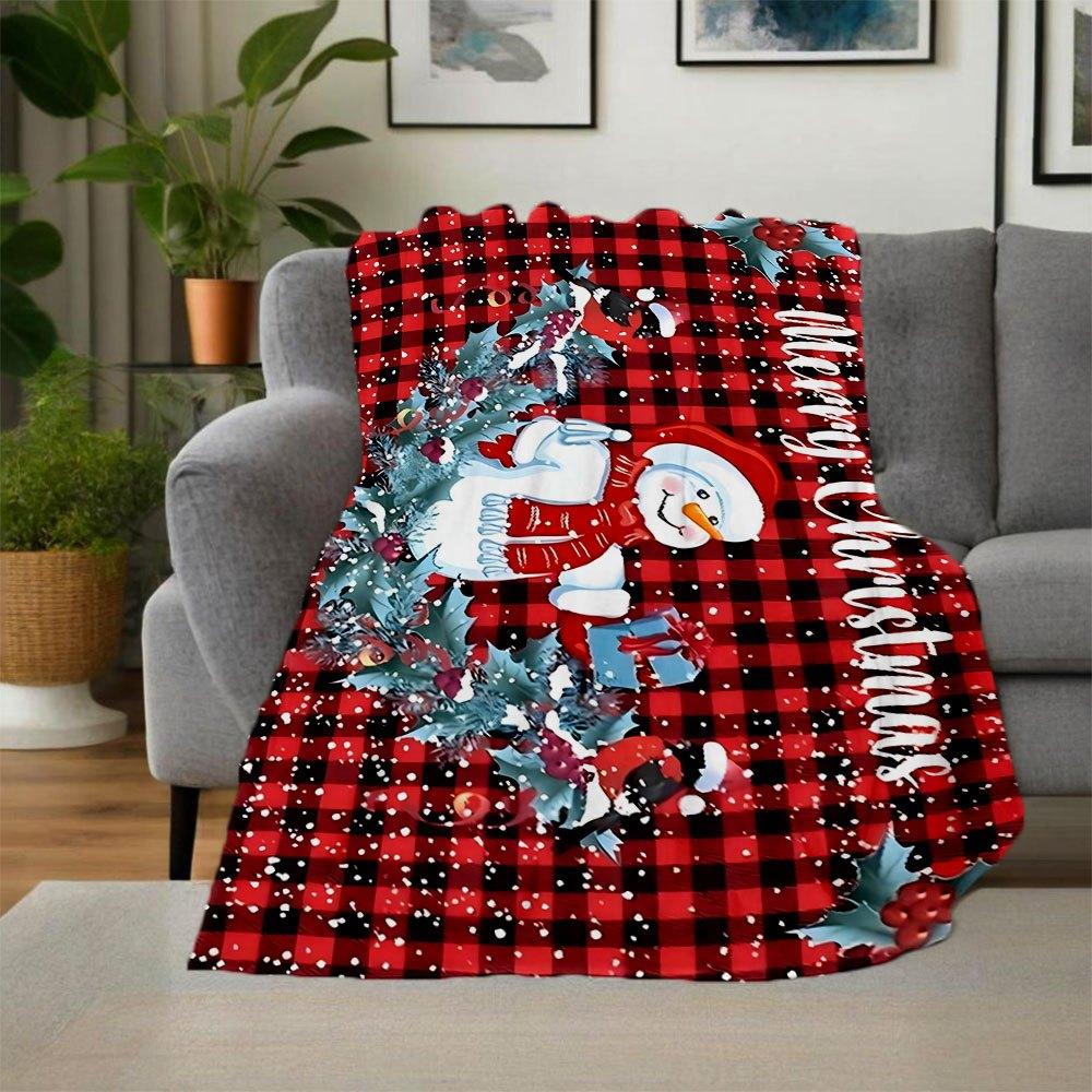 Christmas Snowman Buffalo Plaid Holiday Greeting CardBlanket Flannel Throw Blanket for Sofa, Bed, Travel, Camping, Office, Couch, Chair, And