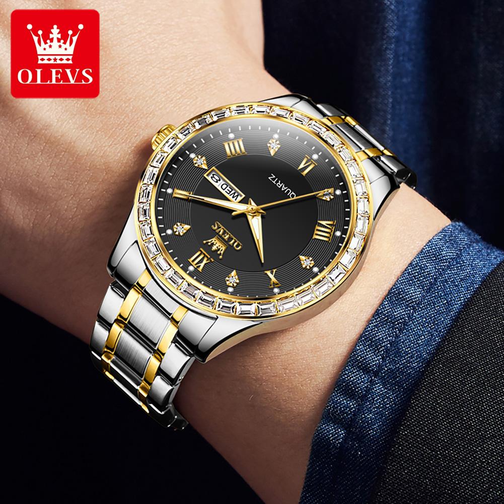Римские кварцевые часы для мужчин с бриллиантами, роскошные мужские наручные часы с двойным календарем, водонепроницаемые часы из нержавеющей стали, подарок