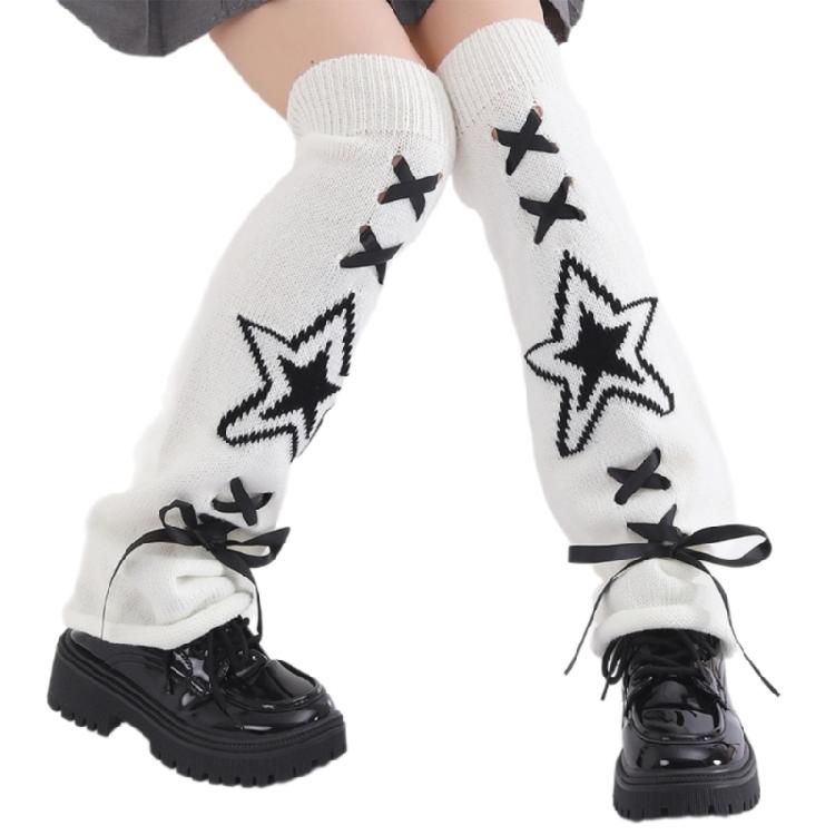 Женские вязаные гетры со звездным узором и завязками-лентами Harajuku Fairycore Расклешенные чехлы на стопы Длинные носки без пальцев