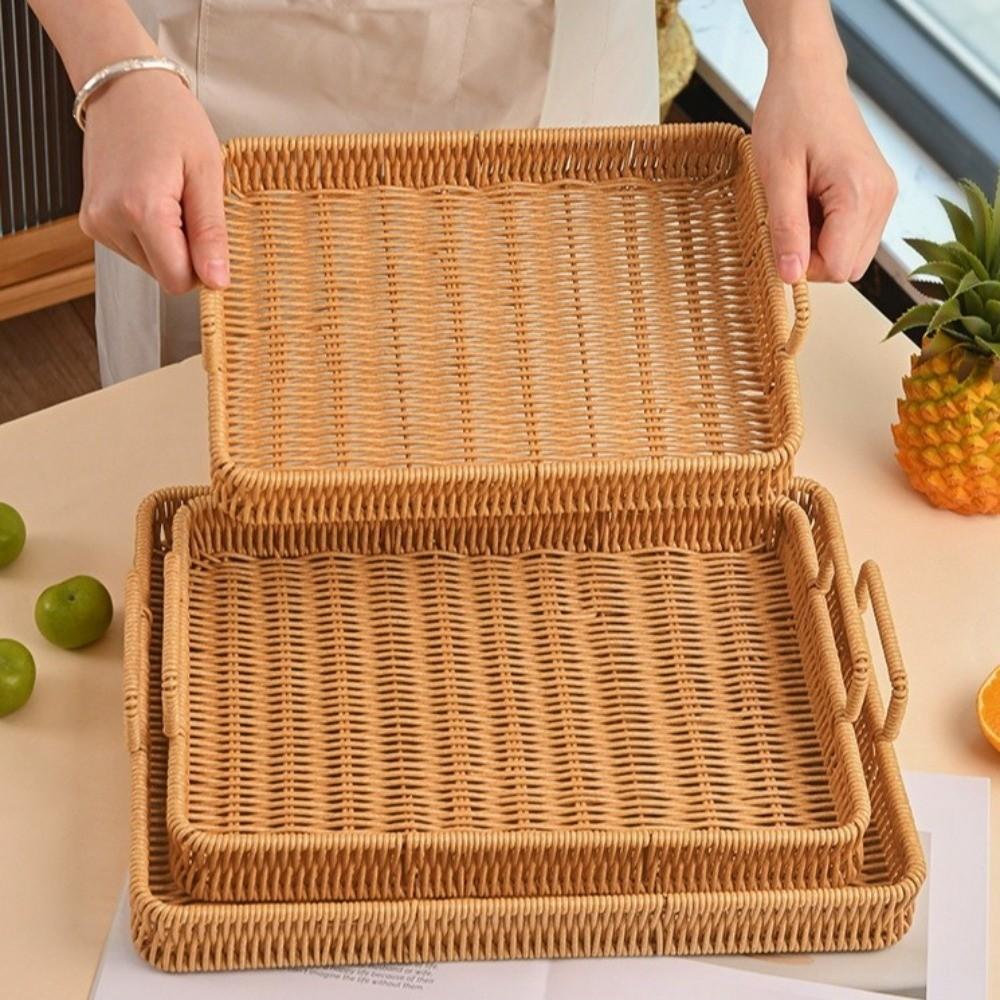 Handwoven Wicker Serving Tray Woven Handheld Plastic Rattan Storage Tray Kitchen Storage
