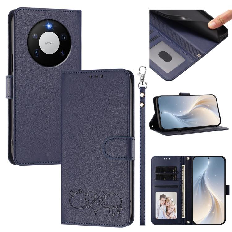 Happy Heart Pattern Magnetic Closure Vegan Leather Phone Case with Wrist Strap For Huawei Mate 60