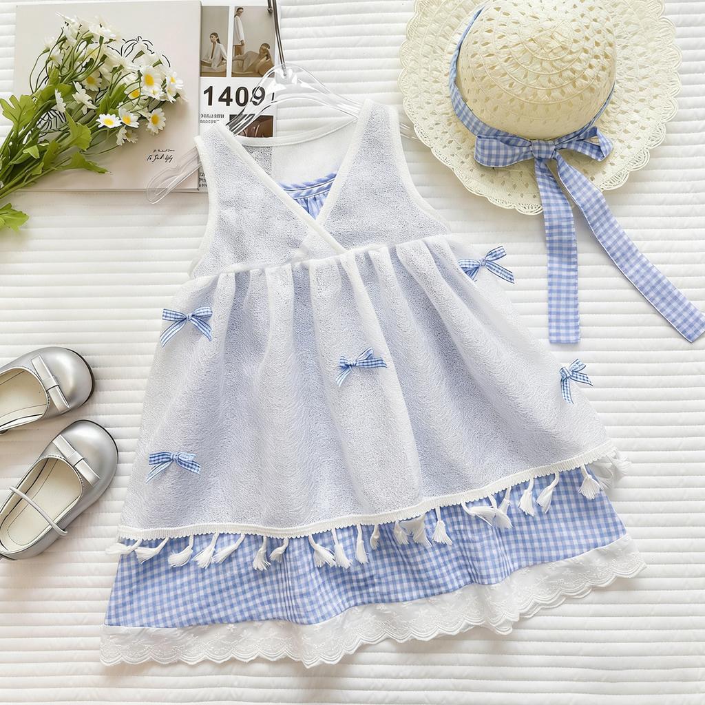Girls Summer Blue White Plaid Camisole And Mesh Tassel Dress Two Piece Set