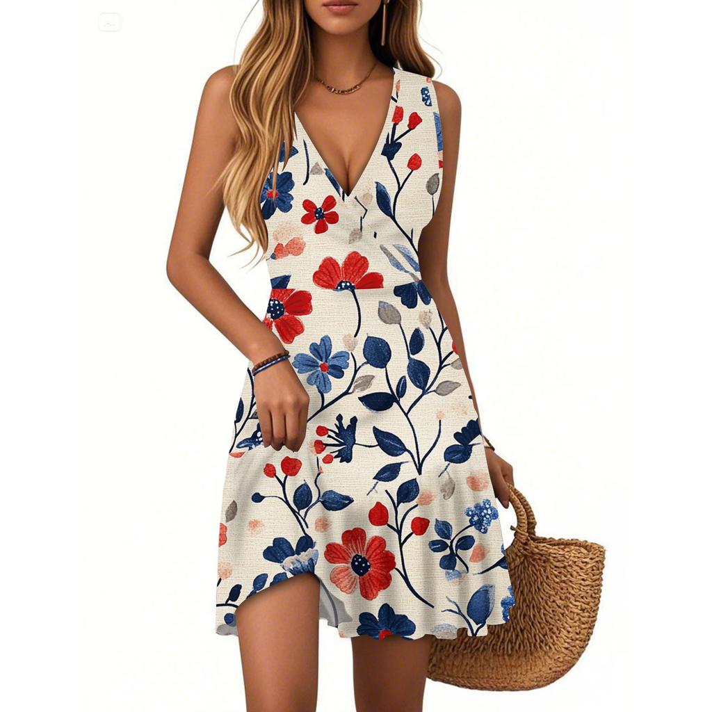 Women's Dress V-neck Sleeveless Casual Floral Print Hem Pleated Dress