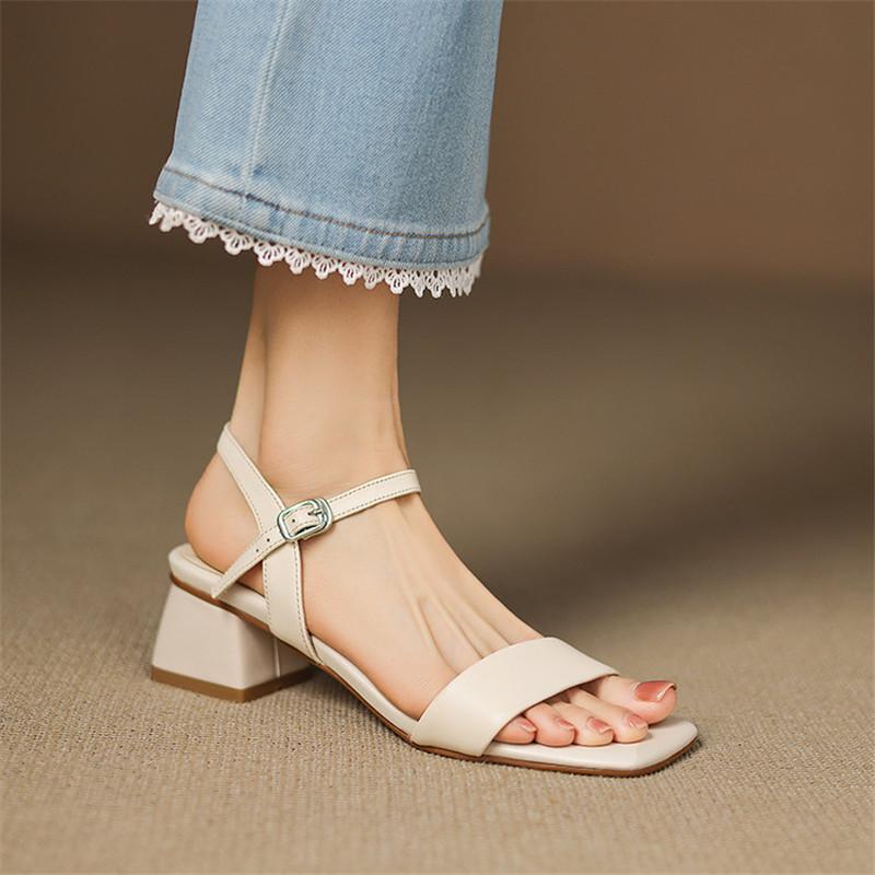 Fashion New Summer Sandals Genuine Leather Women Shoes Square Toe Sandals for Women Fashion Chunky Heels Sandals Shoes High Heels