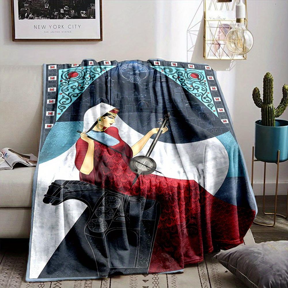 Retro ethnic style lady pattern Flannel printed blanket suitable for all seasons suitable for living room office sofa and travel