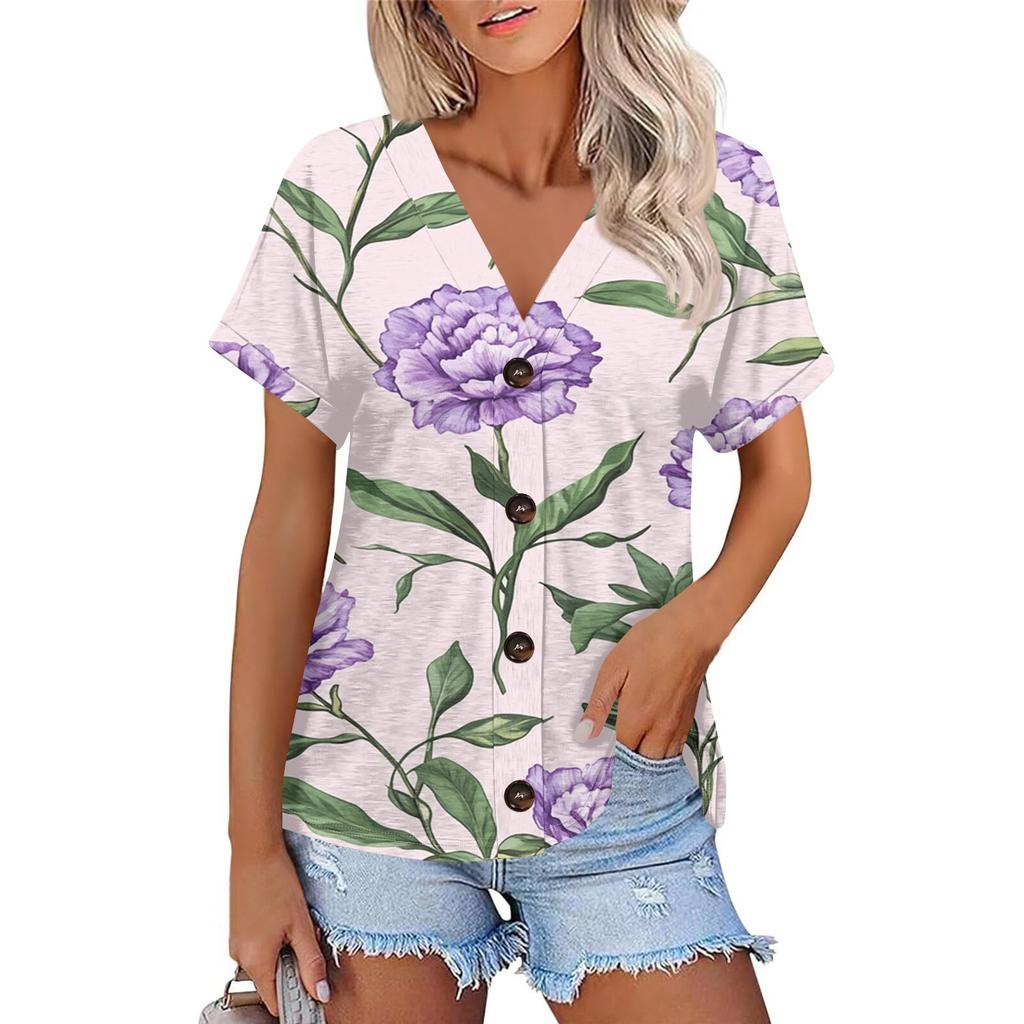Женская мода с короткими рукавами и V-образным вырезом, повседневная футболка с пуговицами