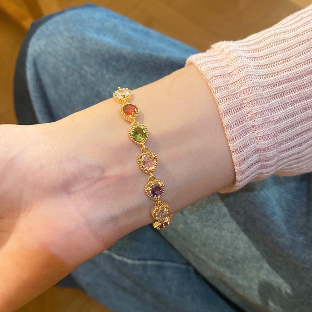 Colorful Rainbow Zircon Bracelet Luxury Chain Bracelets Cute Heart Shaped Bracelet Wedding
