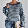 Women's Fall/Winter Loose One-line Shoulder Off-the-shoulder Knit Vintage Lantern Sleeve Striped Sweater