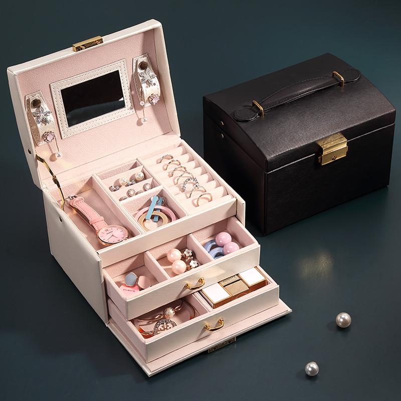 Leather Jewelry Storage Case with 3 Drawers Pull Display Travel Storage Lock Mirror Organizer Handle for Woman's Gift Box
