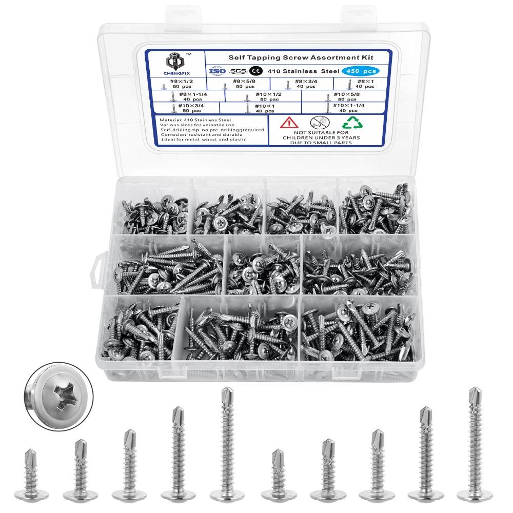 450pcs 410 Stainless Steel Self Tapping Screws Hex Head Stainless Steel Screws Assortment Set