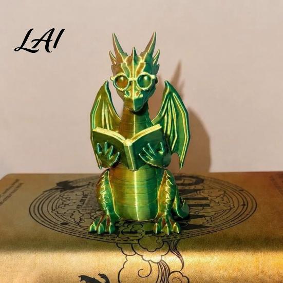 Whimsical Desk Accessory Reading Dragon Figurine with Glasses Statue 3D Printed Lover Gift Bookshelf Decor Desktop Ornament for Book Lovers