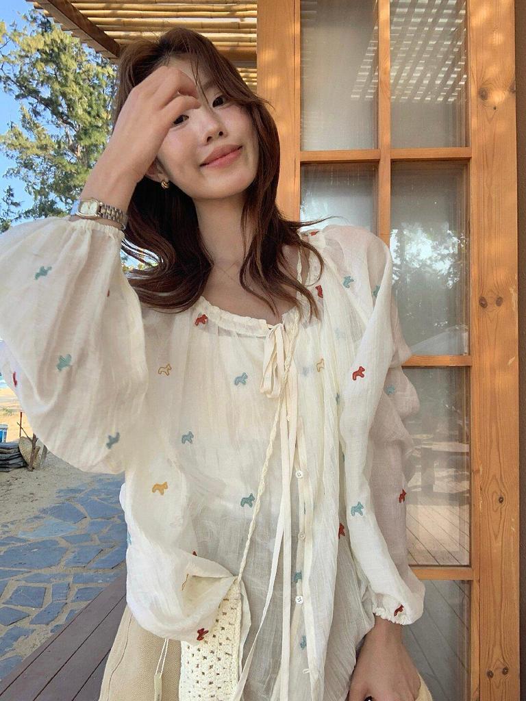 Женская блузка с длинным рукавом, лимонно-зеленая, с цветочной вышивкой – Стройнящий топ на завязках, защита от солнца