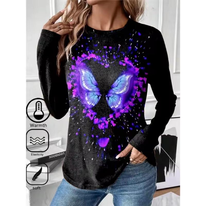 Women's T Shirt 3D Print Cat Butterfly Colorful Design Long Sleeve Daily Weekend Fashion Round Neck Regular Fit