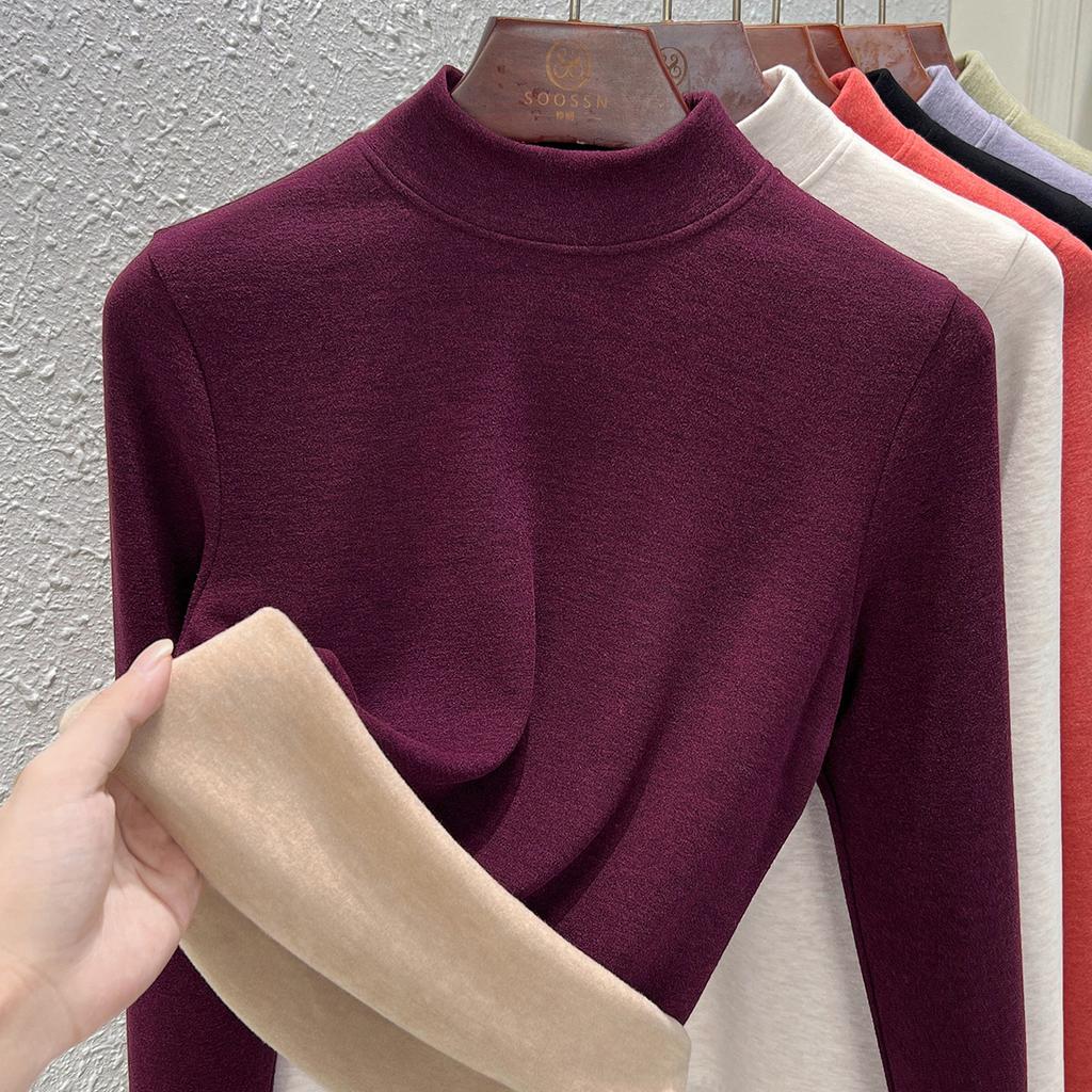 Autumn and Winter Women's Clothing Containing Wool and Silk Bottoming Shirt Women's Inner Heating Fleece Warm Turtleneck Top with Fleece and Thicker