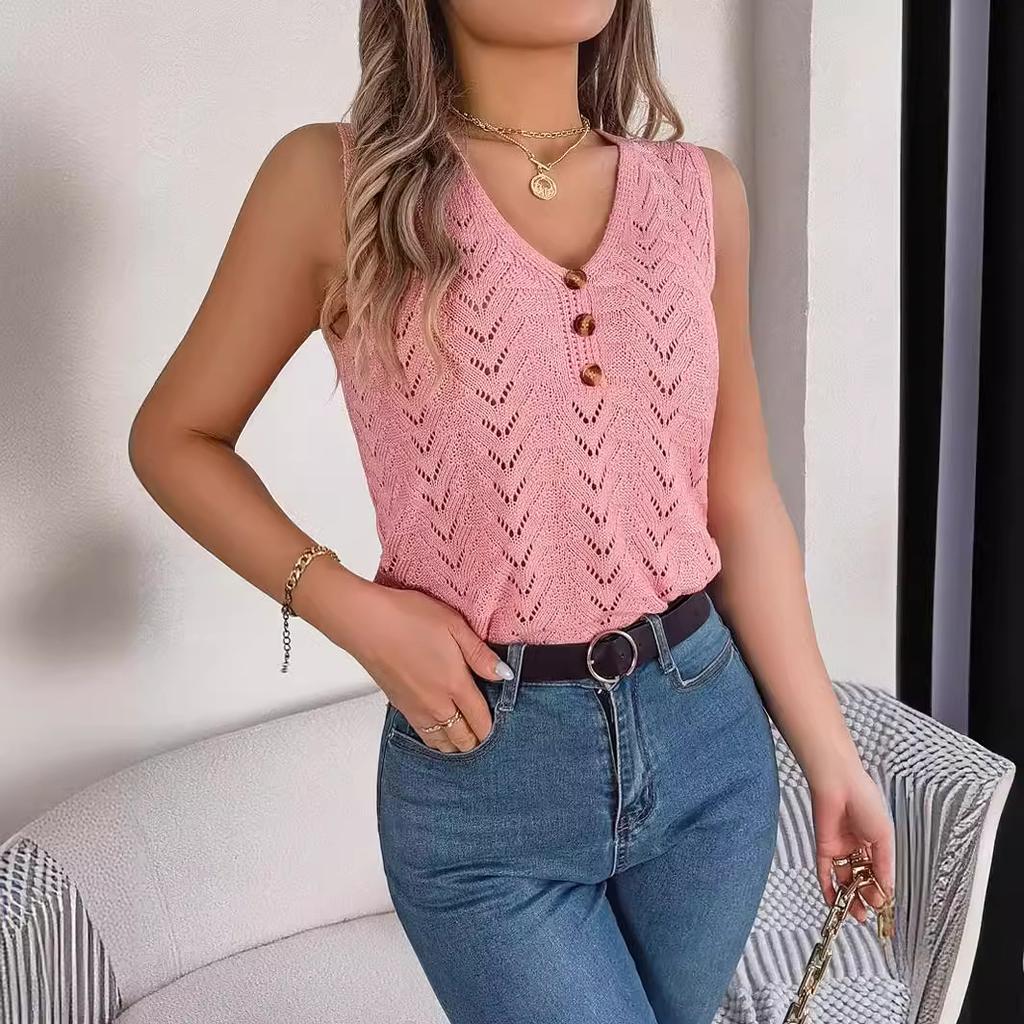 Spring Summer Solid Color Elegant Hollow Button Tank Top Knitted Tops for Women
