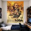 The Godfather: Warm illustrated portrait of Don Corleone over a 1940s New York street, gangster film poster in gold and brown, Wall Tapestry