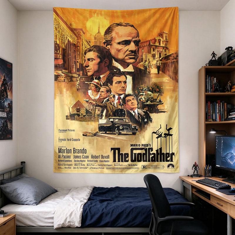The Godfather: Warm illustrated portrait of Don Corleone over a 1940s New York street, gangster film poster in gold and brown, Wall Tapestry