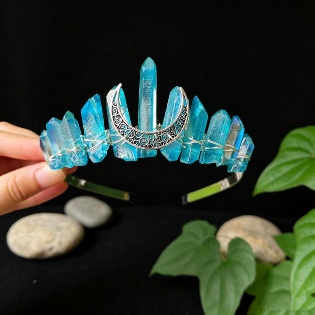 Ленто-ободок с короной из лунного белого кристалла - Ручная работа, натуральный кристалл, аксессуар для волос