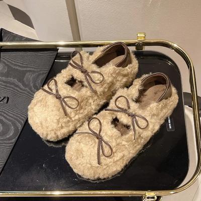 Мода Женская Мода Толстая Подошва Хлопковые Туфли Зима Новые Круглый Носок Глубокий Вырез Замша Бант-бабочка Нескользящие Плюшевые Туфли