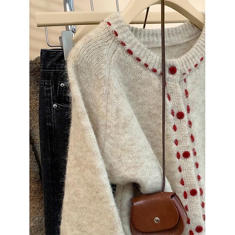 Ранневесенний новый абрикосовый мягкий ворсистый утолщенный свитер-жакет с круглым вырезом женский дизайн ленивый вязаный кардиган топ