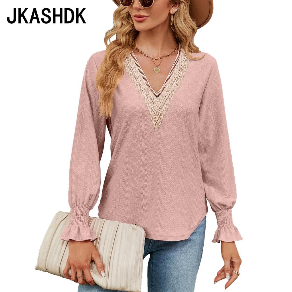 JKAASHDK женские модные повседневные однотонные принты весенне-осенние блузки и рубашки с v-образным вырезом и длинными рукавами