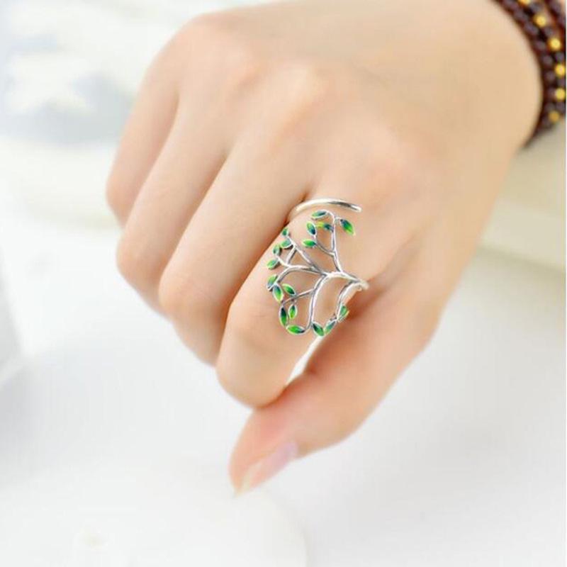 Fashion Vintage Hand Drip Glazed Green Leaf Branch Ring for Women Opening Adjustable Ring Jewelry ARI
