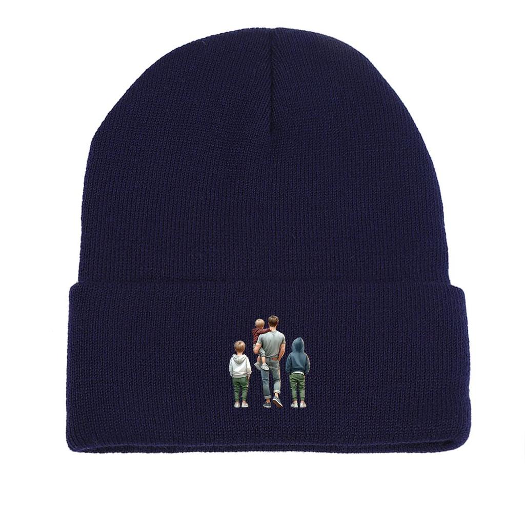 Father Family Back View Warm Knit Hat Beanie, Skull Cap Stretchable Stretchy Solid Color Bonnet Knit Cap Beanie