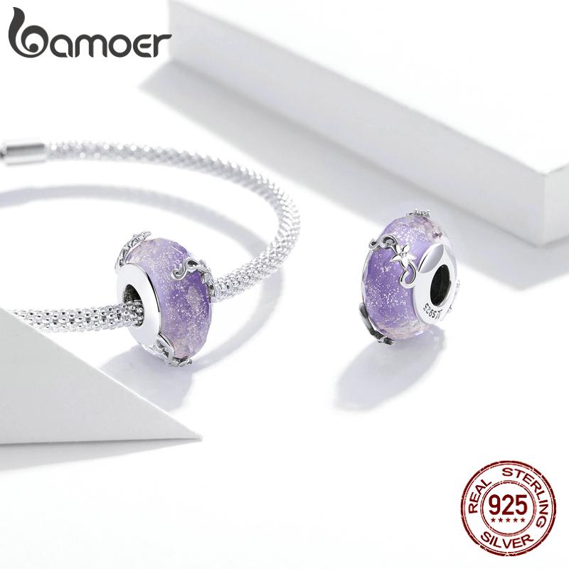 BAMOER стерлингового серебра 925 пробы фиолетовые стеклянные бусины-шармы «мечта» для оригинальных браслетов и ожерелья диаметром 3 мм